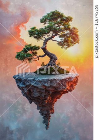 A lone tree stands on a floating rock, with a vibrant sunset sky in the background. 116745859