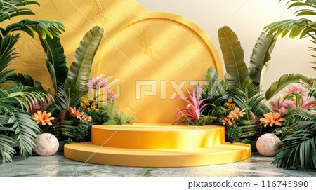 A tropical-themed podium with lush greenery and a gold background, perfect for showcasing products. 116745890