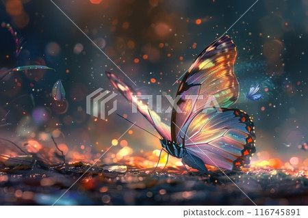 A vibrant, iridescent butterfly with glowing wings rests on a bed of sparkling dust.  The background is filled with a magical, warm glow. 116745891