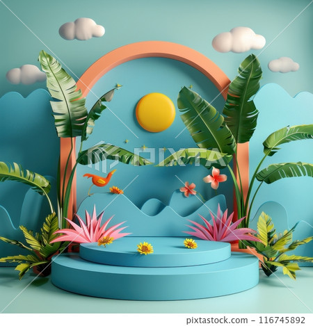 A vibrant blue podium with tropical plants and a sun in a blue and orange backdrop. Perfect for product displays and summery themes. 116745892