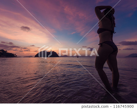 Serene sunset silhouette of a woman standing on a beach during twilight Serene sunset silhouette of a woman standing on a beach during twilight 116745900