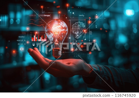 A hand holds a glowing lightbulb against a backdrop of colorful data visualizations. The bulb represents a bright idea or innovation. 116745920