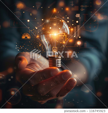 A hand holds a glowing lightbulb against a backdrop of colorful data visualizations. The bulb represents a bright idea or innovation. A hand holds a glowing lightbulb against a backdrop of colorful data visualizations. The bulb represents a bright idea or innovation. 116745923