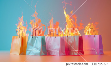 Five colorful shopping bags with flames emerging from the top against a blue background. Five colorful shopping bags with flames emerging from the top against a blue background. 116745926