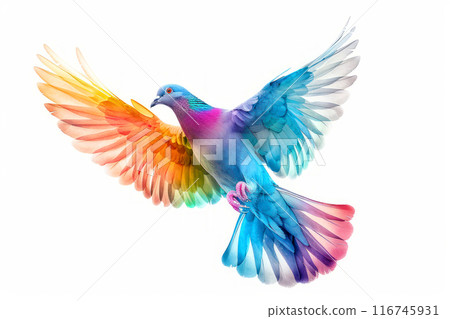A vibrant dove with colorful wings in flight, isolated on a white background. 116745931