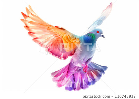 A vibrant dove with colorful wings in flight, isolated on a white background. 116745932