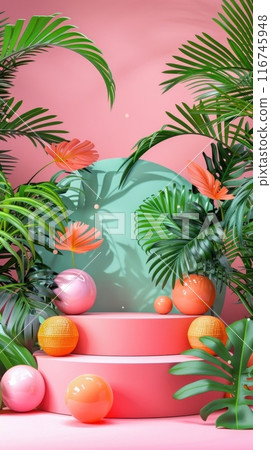 Tropical summer scene with pink podium, white clouds, green leaves and flowers. Perfect for product display. 116745948