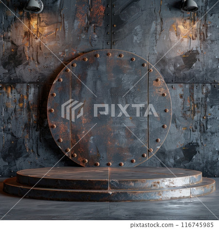 Rusty metal circular platform with a round, riveted metal panel against a weathered industrial backdrop. 116745985