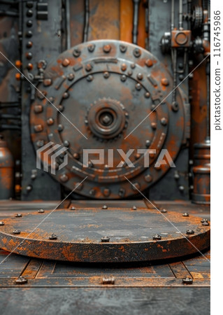 Rusty metal wheel with gears, a circular platform in front, steampunk background. Rusty metal wheel with gears, a circular platform in front, steampunk background. 116745986