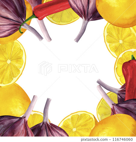 Lemon, hot chili pepper and garlic watercolor frame, hand-painted composition for printing on cards, invitations, recipes, cookbooks, packaging and product labels 116746060