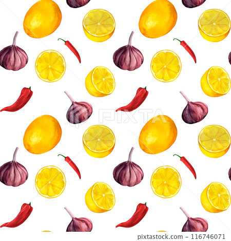 Garlic, chili pepper and lemon. Seamless pattern for prints on wallpaper, textiles, diy, scrapbooking for packaging. For kitchen and restaurant, cook and recipe book. Cottagecore and farmhouse design 116746071