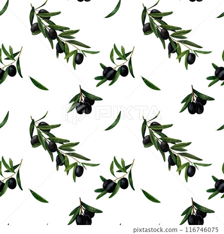 Olive branch. Seamless watercolor pattern for prints on wallpaper, textiles, diy, scrapbooking for packaging. For kitchen and restauran tdesign, cook and recipe book. Cottagecore and farmhouse design 116746075
