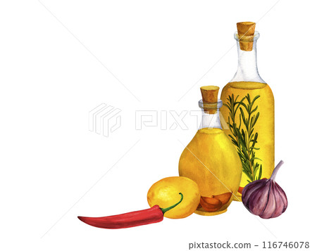 Flavored olive oil with spices, aromatic kitchen herbs, chili pepper and garlic. Hand drawn watercolor composition for printing on cards, invitations, recipes, cookbooks, packaging and product labels Flavored olive oil with spices, aromatic kitchen herbs, chili pepper and garlic. Hand drawn watercolor composition for printing on cards, invitations, recipes, cookbooks, packaging and product labels 116746078