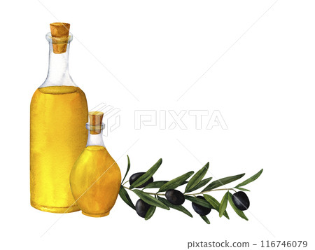 Bottle of aromatic olive oil. Hand drawn watercolor composition with olive brunch for printing on cards, invitations, recipes, cookbooks, packaging and product labels Bottle of aromatic olive oil. Hand drawn watercolor composition with olive brunch for printing on cards, invitations, recipes, cookbooks, packaging and product labels 116746079