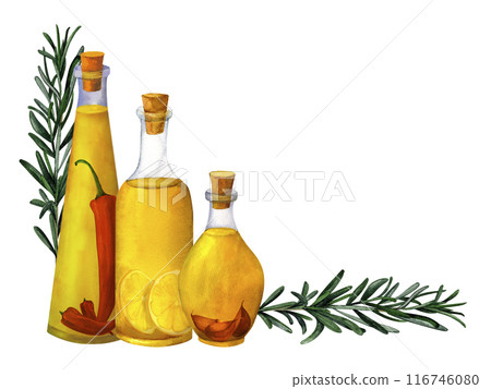Flavored olive oil with spices, aromatic kitchen herbs, chili pepper and garlic. Hand drawn watercolor composition for printing on cards, invitations, recipes, cookbooks, packaging and product labels 116746080