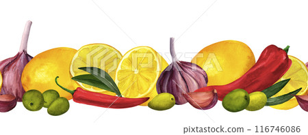 Lemon, olives, hot chili pepper and garlic. Seamless watercolor border for prints on paper, textiles, diy, scrapbooking for packaging. For kitchen and restaurant design, cook and recipe book. 116746086