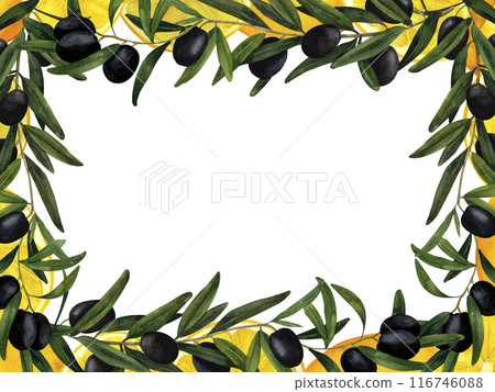 Olive branches and lemons watercolor frame, hand-painted composition for printing on cards, invitations, recipes, cookbooks, packaging and product labels Olive branches and lemons watercolor frame, hand-painted composition for printing on cards, invitations, recipes, cookbooks, packaging and product labels 116746088