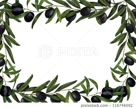 Olive branches and lemons watercolor frame, hand-painted composition for printing on cards, invitations, recipes, cookbooks, packaging and product labels Olive branches and lemons watercolor frame, hand-painted composition for printing on cards, invitations, recipes, cookbooks, packaging and product labels 116746092