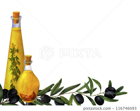 Flavored olive oil with spices, aromatic kitchen herbs, olive brunch and garlic. Hand drawn watercolor composition for printing on cards, invitations, recipes, cookbooks, packaging and product labels Flavored olive oil with spices, aromatic kitchen herbs, olive brunch and garlic. Hand drawn watercolor composition for printing on cards, invitations, recipes, cookbooks, packaging and product labels 116746093