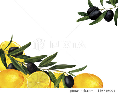 Olive branches and lemons watercolor frame, hand-painted composition for printing on cards, invitations, recipes, cookbooks, packaging and product labels Olive branches and lemons watercolor frame, hand-painted composition for printing on cards, invitations, recipes, cookbooks, packaging and product labels 116746094
