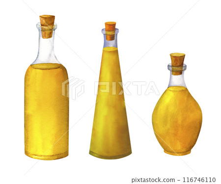 Glass bottle olive oil watercolor hand painted, isolated on white background. Decoration for kitchen, for restaurant menus, recipes, plates and dishes Glass bottle olive oil watercolor hand painted, isolated on white background. Decoration for kitchen, for restaurant menus, recipes, plates and dishes 116746110
