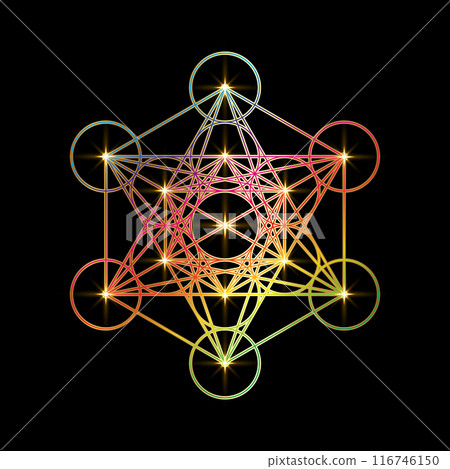 Psychedelic Metatron's Cube, Flower of Life. Gold Sacred geometry. Mystic colorful icon platonic solids Merkabah, abstract geometric drawing, crop circles sign. Graphic logo element isolated on black Psychedelic Metatron's Cube, Flower of Life. Gold Sacred geometry. Mystic colorful icon platonic solids Merkabah, abstract geometric drawing, crop circles sign. Graphic logo element isolated on black 116746150