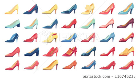 Womens shoes. Shoe for woman foot, high heel footwear elegant stylish trendy fashionable glamour sexy lady foot wear set vector illustration 116746233