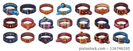 Pet collars. Puppy dog or cat collar, medieval fantasy leather belt with buckle for canine neck control, leather cartoon casual game set vector illustration Pet collars. Puppy dog or cat collar, medieval fantasy leather belt with buckle for canine neck control, leather cartoon casual game set vector illustration 116746293