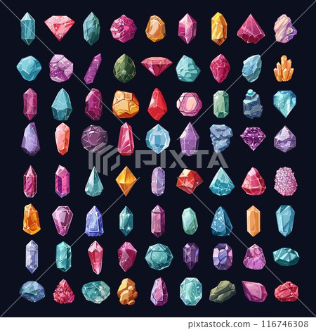 Fantasy precious stones. Game cartoon gemstones, magic shiny gem crystal diamond cave mineral treasure jewel sapphire emerald ruby jewellery gui set vector illustration 116746308