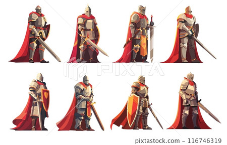 Cartoon medieval knights. Knight in warrior helmet with sword or shield, history hero red cape war armor soldier kingdom military guard character set vector illustration 116746319