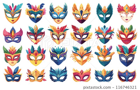 Carnival masks. Venetian masquerade mask face with feathers, costume party mardi festival venice performance theatre mystery masque set cartoon vector illustration Carnival masks. Venetian masquerade mask face with feathers, costume party mardi festival venice performance theatre mystery masque set cartoon vector illustration 116746321