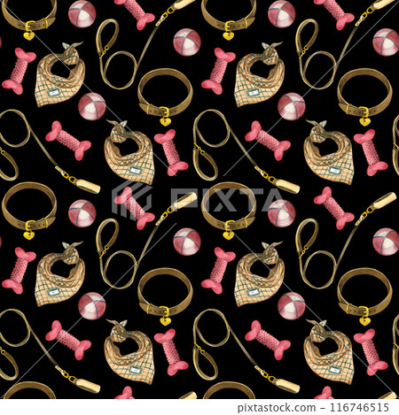 Seamless watercolor pattern. Accessories for pets, balls, bones, collars, leashes, fish. All objects are hand-painted with watercolors. Suitable for printing on fabric, paper, for pets. Seamless watercolor pattern. Accessories for pets, balls, bones, collars, leashes, fish. All objects are hand-painted with watercolors. Suitable for printing on fabric, paper, for pets. 116746515