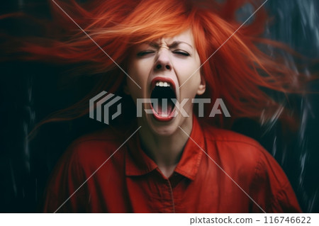 Beautiful girl with orange straight long hair. Young woman eyes closed screaming. Generated AI Beautiful girl with orange straight long hair. Young woman eyes closed screaming. Generated AI 116746622