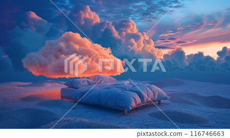 Cloud bed in surreal desert sunset, dreamlike scene 116746663