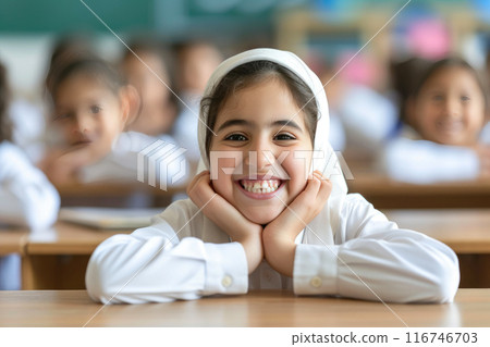 Arabic Girl Engaged in Education on International Education Day 116746703