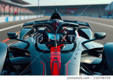 Racing Thrills: Close-up of Helmeted Formula 1 Driver 116746704