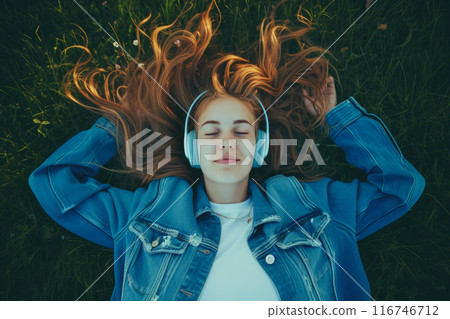 Summer Harmony: Happy Woman Enjoying Music amidst Lush Greenery 116746712