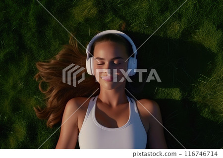 Musical Bliss: Carefree Woman Lying on Grassy Canvas of Tranquility 116746714