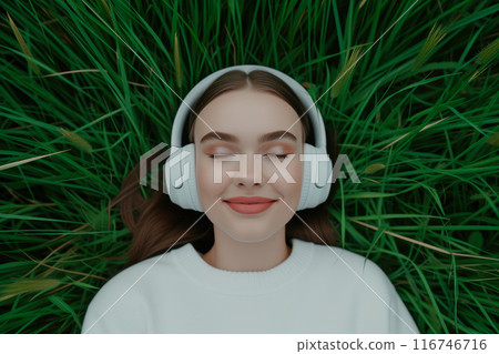 Green Melodies: Relaxed Girl Finds Solace in Nature's Soundtrack 116746716