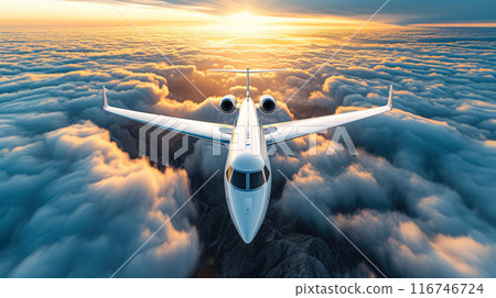Exclusive Airborne Retreat: Elegant White Jet in Dusk Glow Exclusive Airborne Retreat: Elegant White Jet in Dusk Glow 116746724