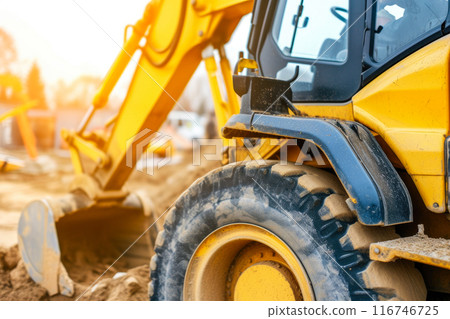 Backhoe Loader Tackling Soil Digging Task Backhoe Loader Tackling Soil Digging Task 116746725