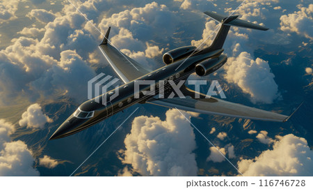 Sleek Private Plane Amidst Vibrant Sunset Cloudscape 116746728