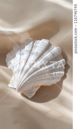 White seashell on beige fabric background, nature detail concept 116746749