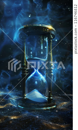 Hourglass with flowing sand in dark ambient lighting, concept of time and mysticism 116746812