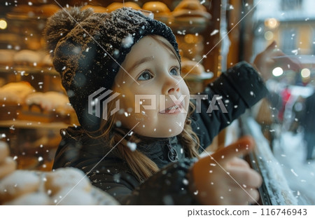 Girl Looking at Snow Through Window Girl Looking at Snow Through Window 116746943
