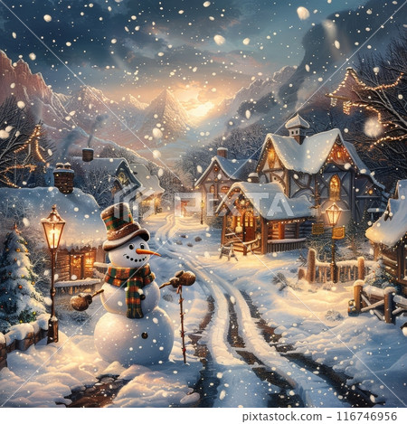 Snowman Greeting in Snowy Village 116746956