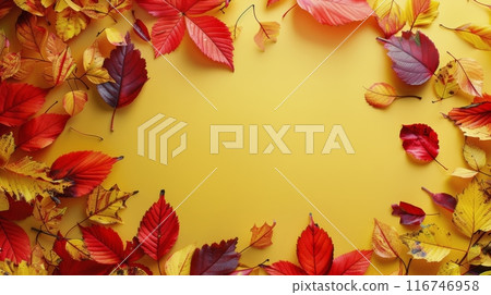 Autumn Leaves on Red Background 116746958