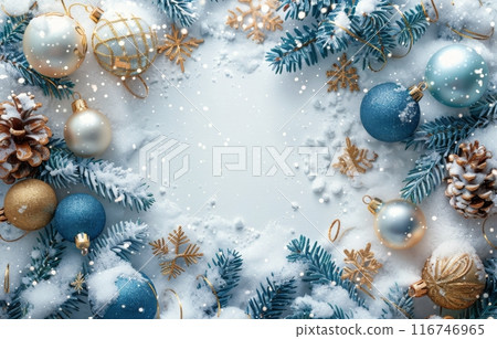 Snowy Christmas Decorations With Pine Branches 116746965