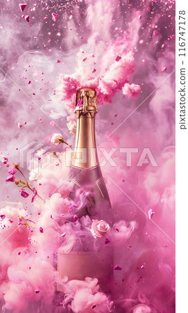 Explosion of pink champagne with rose petals and smoke 116747178