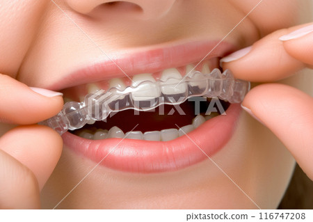 Enhancing Smiles: Woman Joyfully Prepares Clear Aligner 116747208